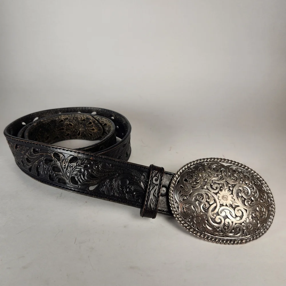 TONY LAMA Pierced Filagree Belt Size 36 Black Leather Cut Out Silver Buckle - Picture 3 of 10